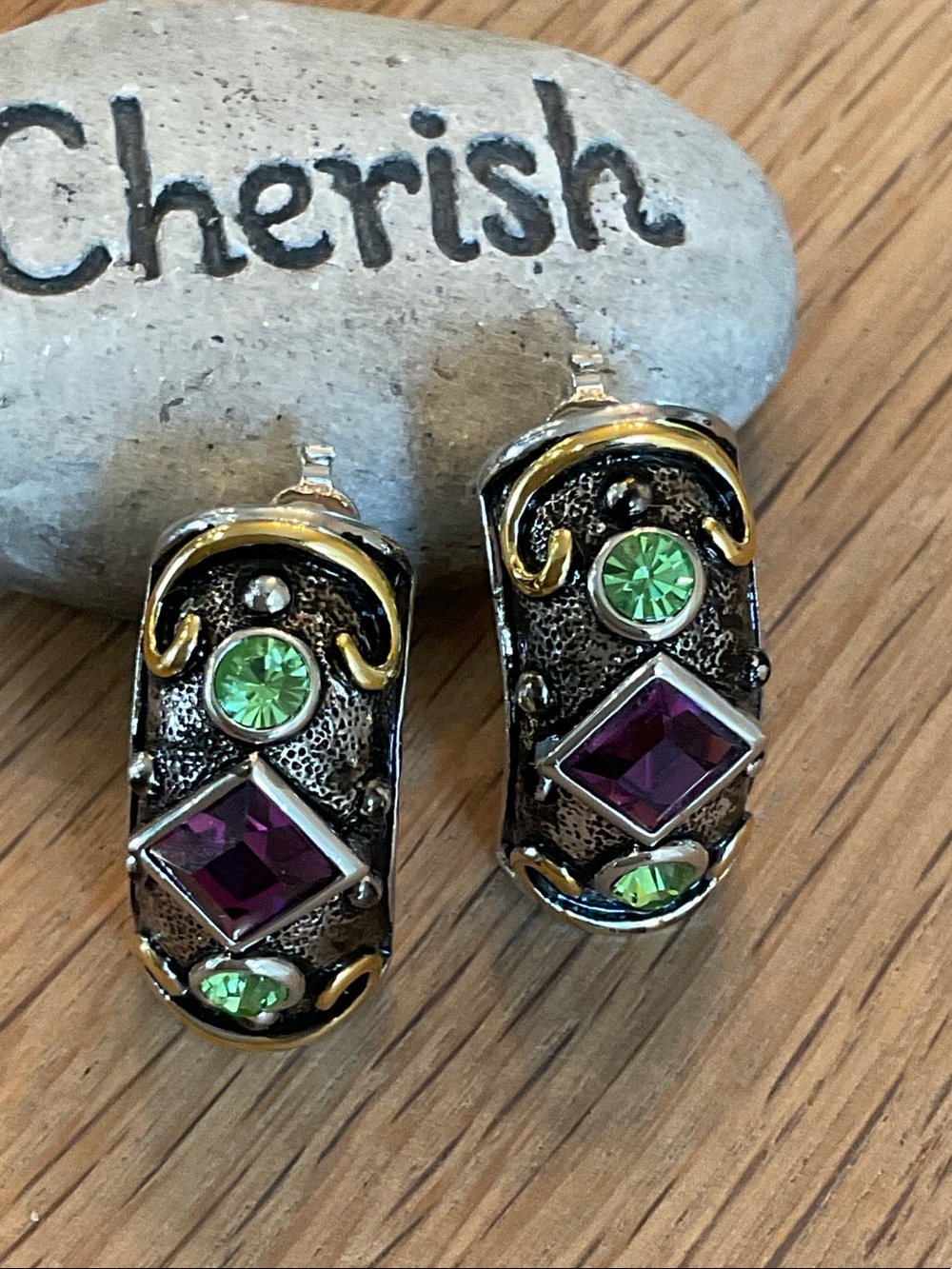 Vintage Butler FAC Signed Amethyst/Peridot Renaissance Revival Demi Hoop Earring